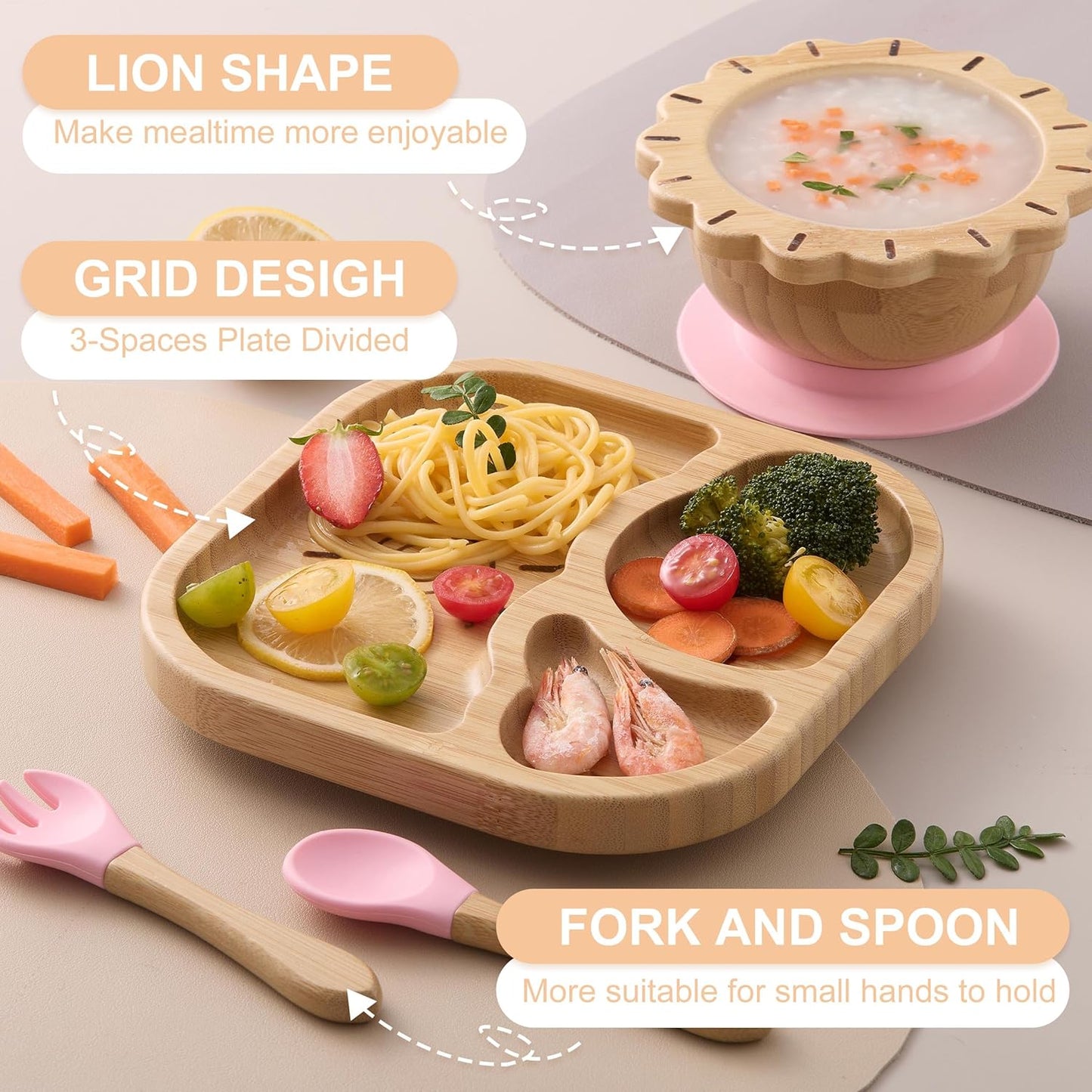 Suction Plates Bowls Set for Baby Toddler Non-Toxic Bamboo Feeding Set with Silicone Fork & Spoon (Green Feeding Set)