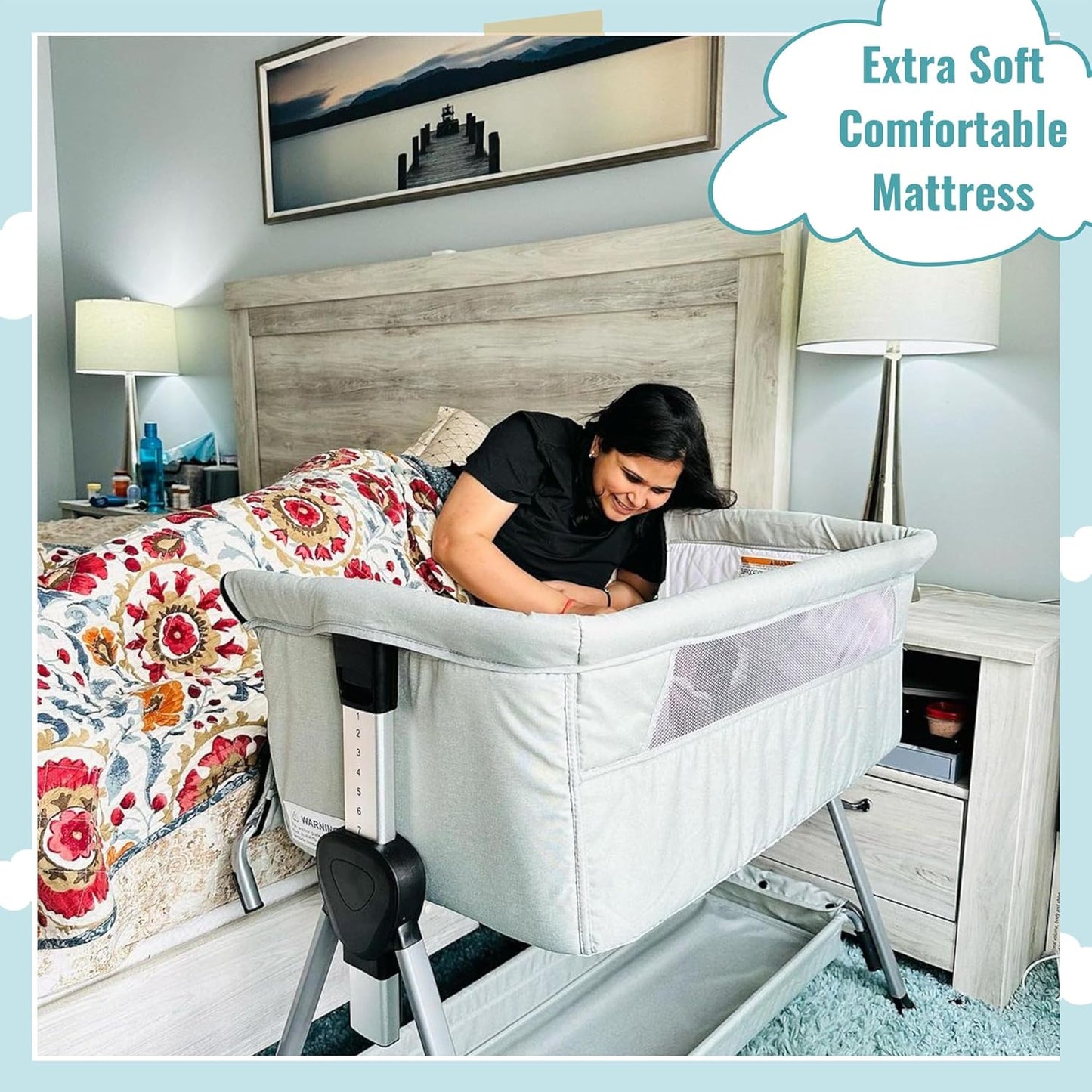 Dream On Me Lilly Bassinet and Bedside Sleeper, Seven Adjustable Height Position, Breathable Mesh Sides, Plush Mattress Pad, Storage Basket, Lightweight, Compact & Easy to Fold - Light Gray
