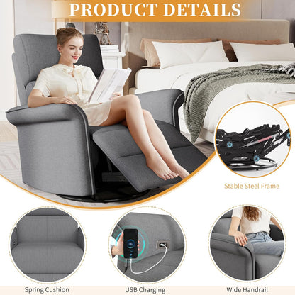 Power Swivel Rocker Recliner Chair for Nursery, Upholstered Snowflake Velvet 270°Swivel Glider Rocker Chair with USB Ports, Small Power Recliners for Small Spaces Living Room