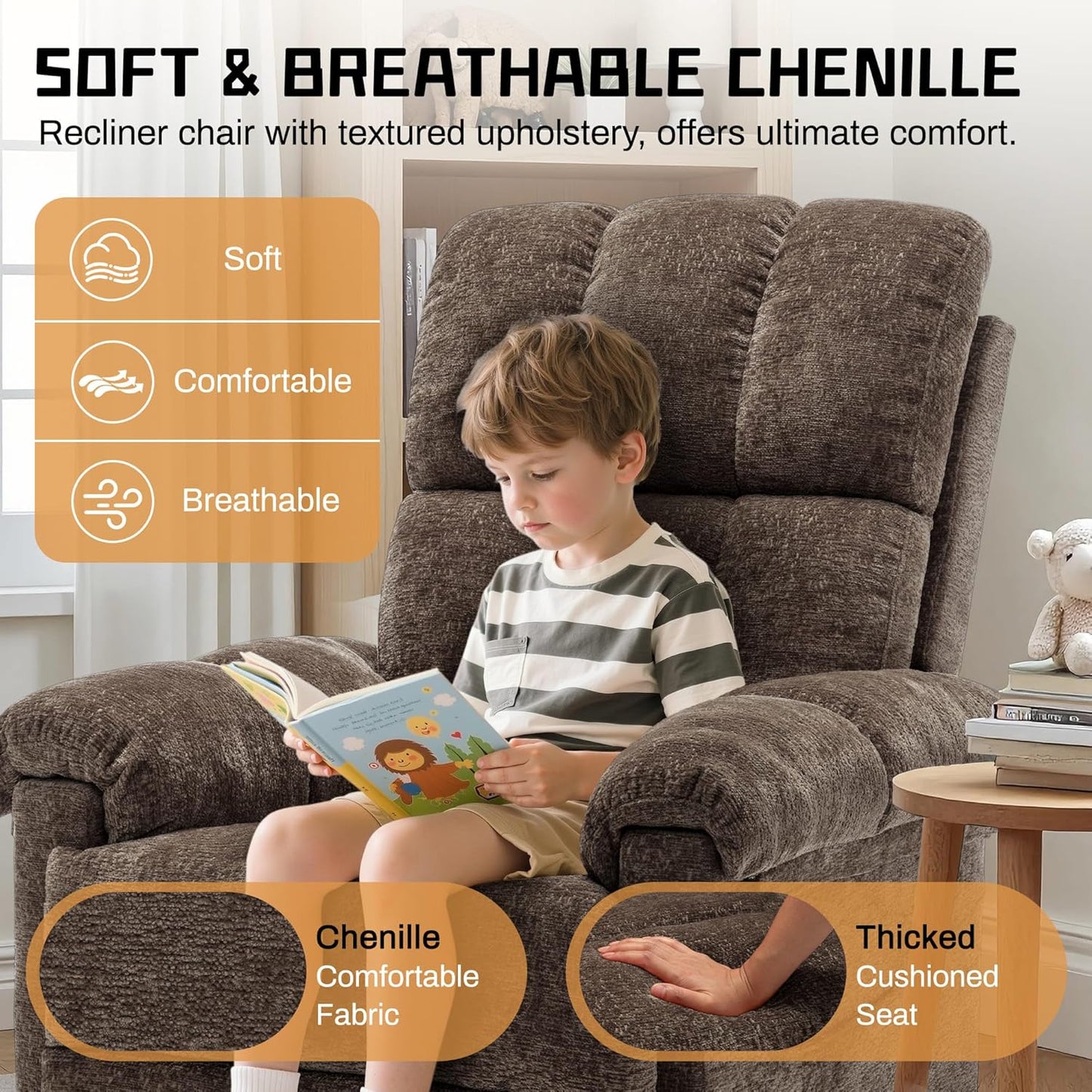 Korser Recliner Chair, Swivel Rocker Recliner Chair for Adults, Small Recliners for Small Spaces, Upholstered Manual Recliner with Side Pockets, Nursery Rocking Chair for Living Room, Chenille, Beige