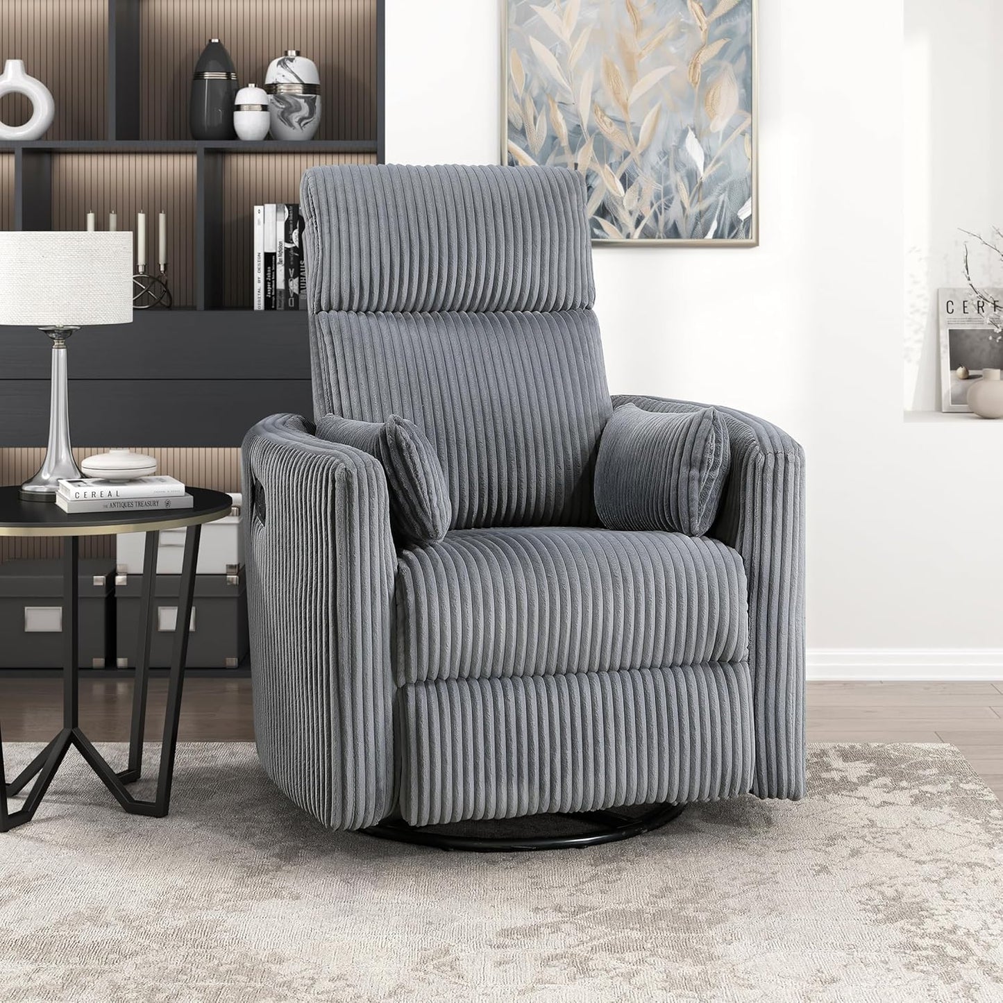 Lexicon Modern Swivel Glider Recliner Chair, Nursery Glider, Corduroy Fabric Upholstery Recliner with 2 Lumbar Pillows, Manual Reclining Sofa Chair for Living Room/Office/Apartment, Beige