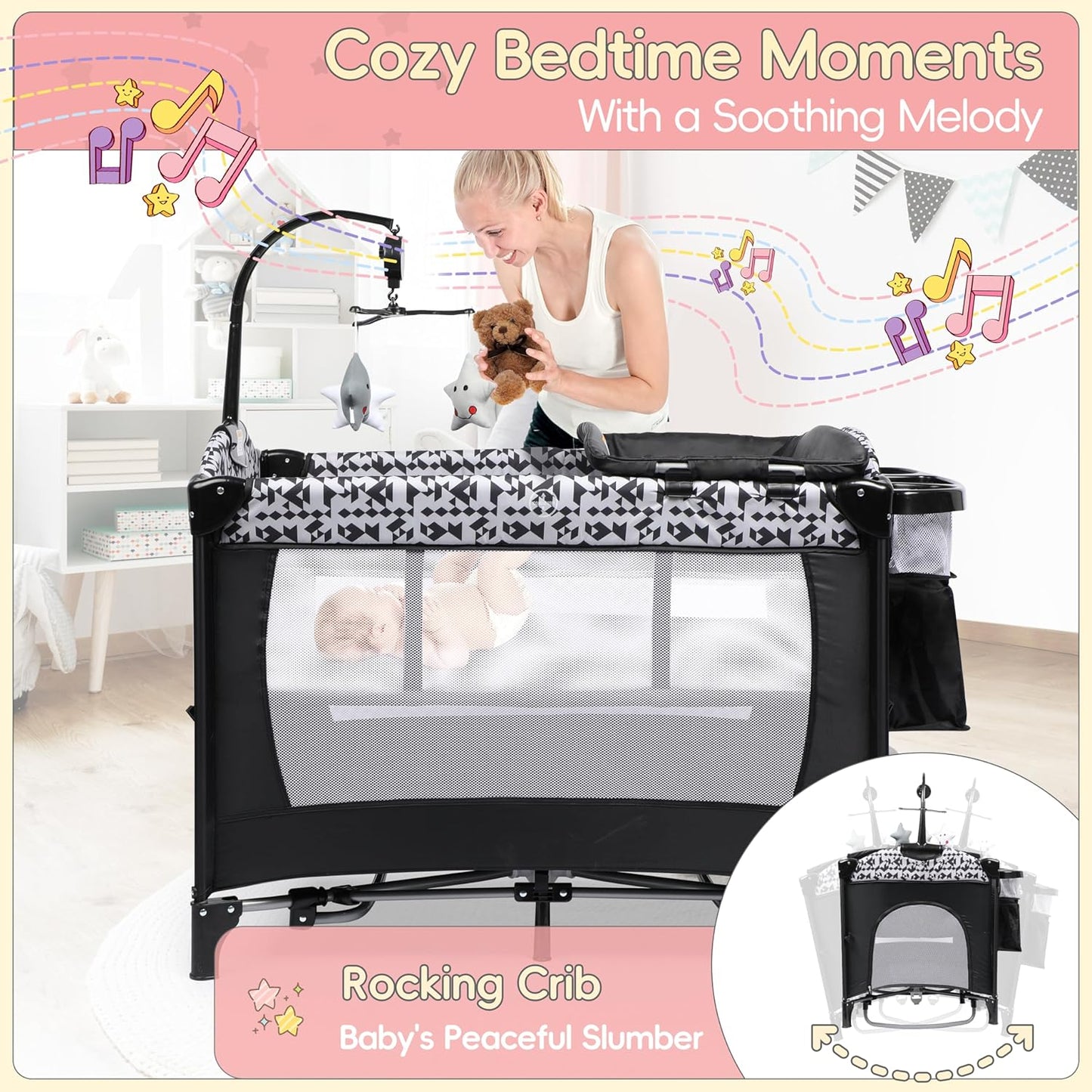 Xilingol 5-in-1 Baby Bassinet Bedside Sleeper, Pack and Play with Changing Table, Portable Crib with Carry Bag, Cosleeper Attach to Bed for Newborn to Toddlers