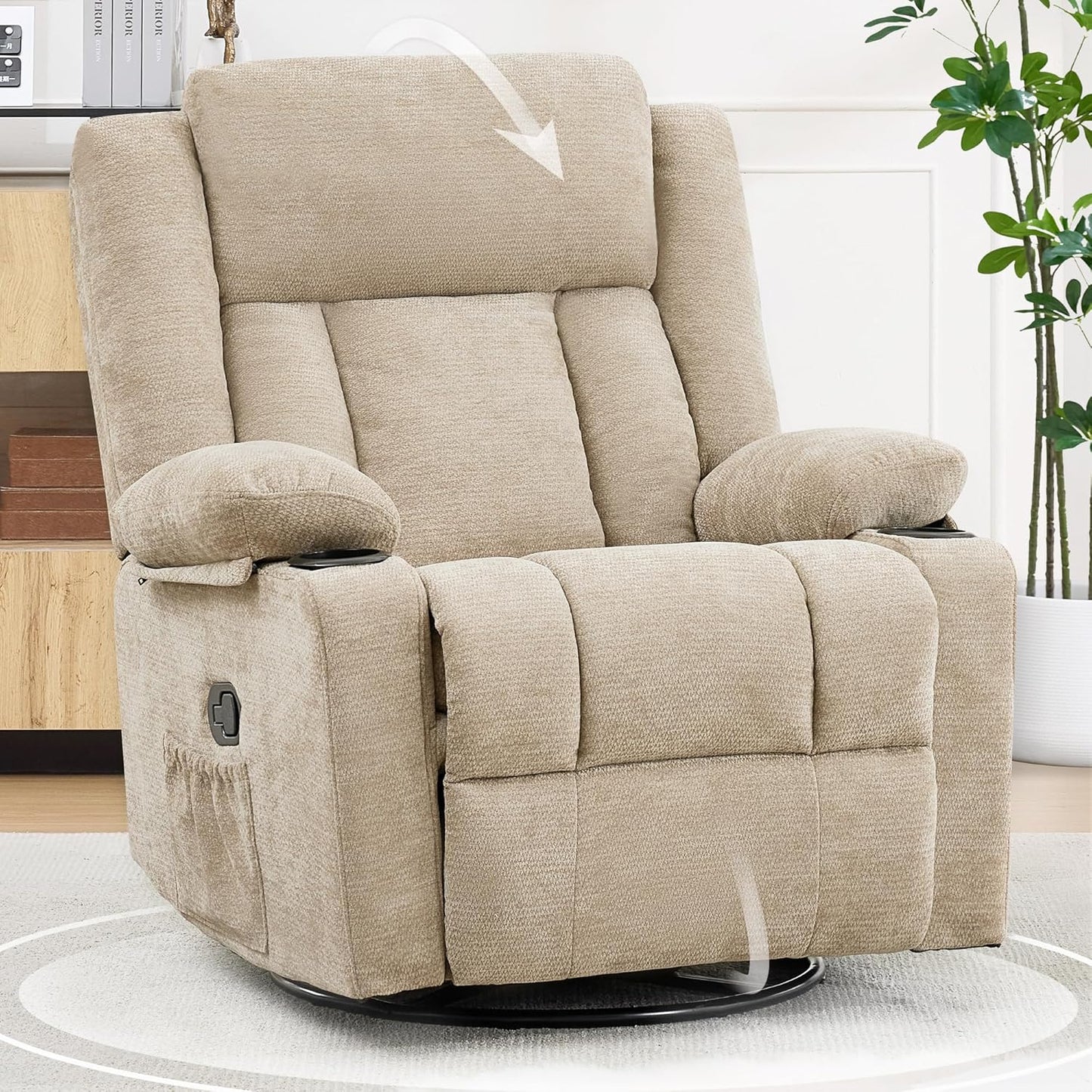 Swivel Rocker Recliner Chair, Lazy Boy Recliner with Cup Holders, 360 Degree Rotating Nursery Rocking Chair, Manual Glider Recliner for Living Room (1, Yellow)