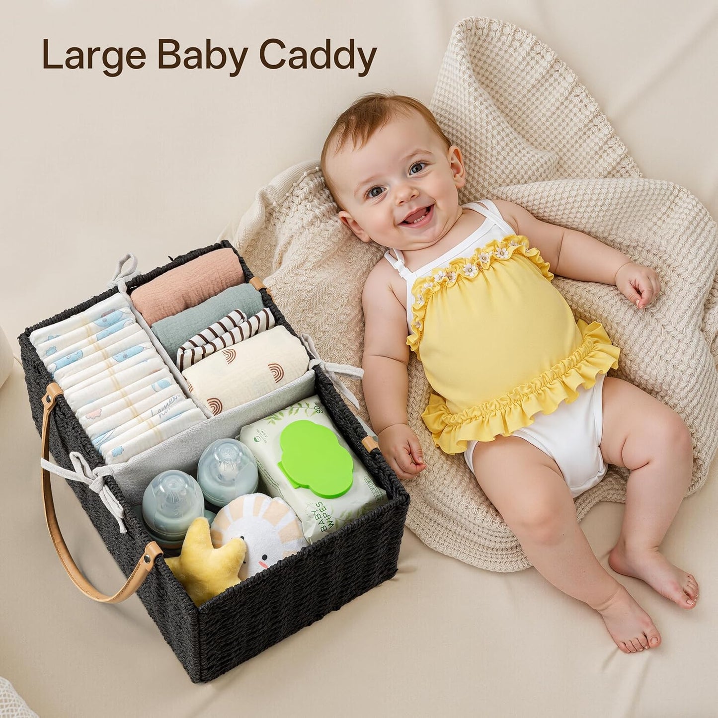 Angelhood Large Paper Rope Diaper Caddy, Baby Essentials Organizer, Portable Baby Shower Baskets Gift Bin, Car Storage Bag for Nursery