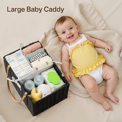 Angelhood Large Paper Rope Diaper Caddy, Baby Essentials Organizer, Portable Baby Shower Baskets Gift Bin, Car Storage Bag for Nursery