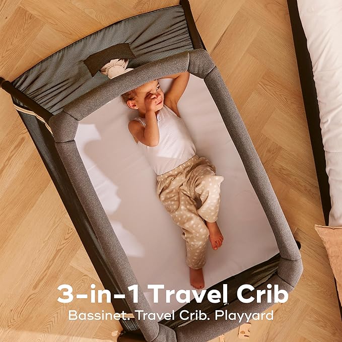 Babymoov Moov & Comfy 3-in-1 Lightweight Travel Crib, Baby Play Yard, and Infant Bassinet, Graphite