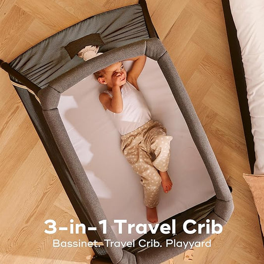 Babymoov Moov & Comfy 3-in-1 Lightweight Travel Crib, Baby Play Yard, and Infant Bassinet, Graphite