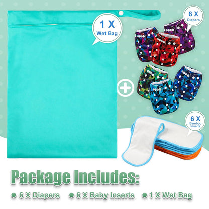 wegreeco Cloth Diapers 6 Pack with 6 Inserts & 1 Wet Bag, Washable Cloth Diapers for Babies, One Size Adjustable Reusable (Flower)