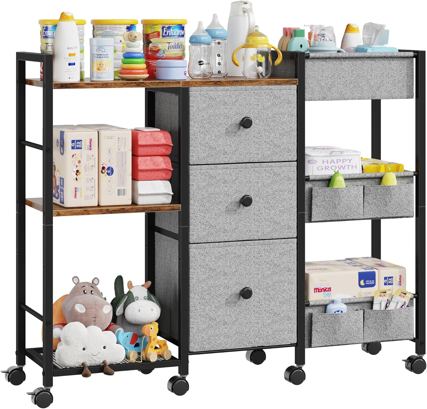 GYIIYUO Diaper Caddy Cart with Storage Fabric Drawers/Open Shelves, Baby Caddy Organizer, 3-Tier Rolling Utility Cart on Wheels for baby nursery essentials,bedside,makeup(Rustic Brown)