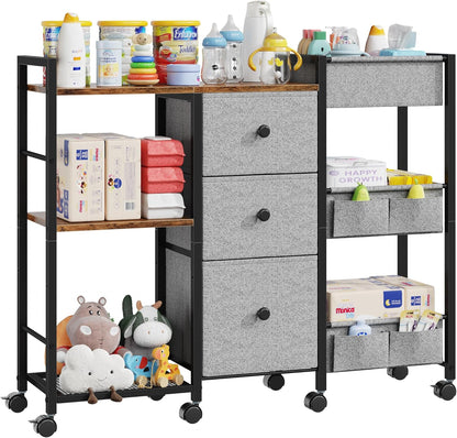 GYIIYUO Diaper Caddy Cart with Storage Fabric Drawers/Open Shelves, Baby Caddy Organizer, 3-Tier Rolling Utility Cart on Wheels for baby nursery essentials,bedside,makeup(Rustic Brown)