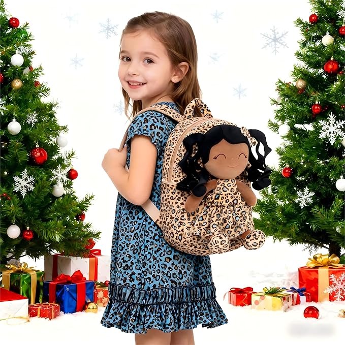 Gloveleya Toddler Backpack Baby Girl Gifts Curly Hair Plush Figures Dress Backpack Kids Backpack Curly Hair Spring Girl - Black Leopard 9inches