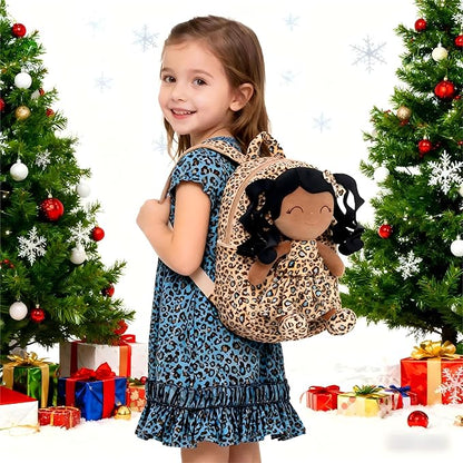 Gloveleya Toddler Backpack Baby Girl Gifts Curly Hair Plush Figures Dress Backpack Kids Backpack Curly Hair Spring Girl - Black Leopard 9inches