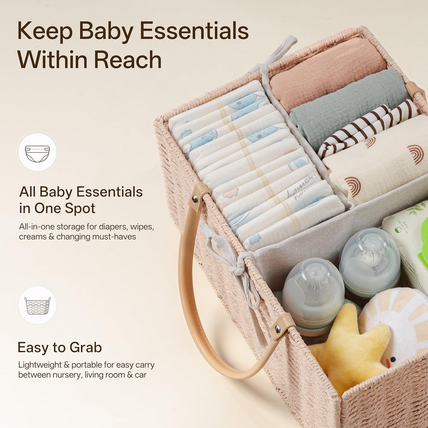 Angelhood Large Paper Rope Diaper Caddy, Baby Essentials Organizer, Portable Baby Shower Baskets Gift Bin, Car Storage Bag for Nursery