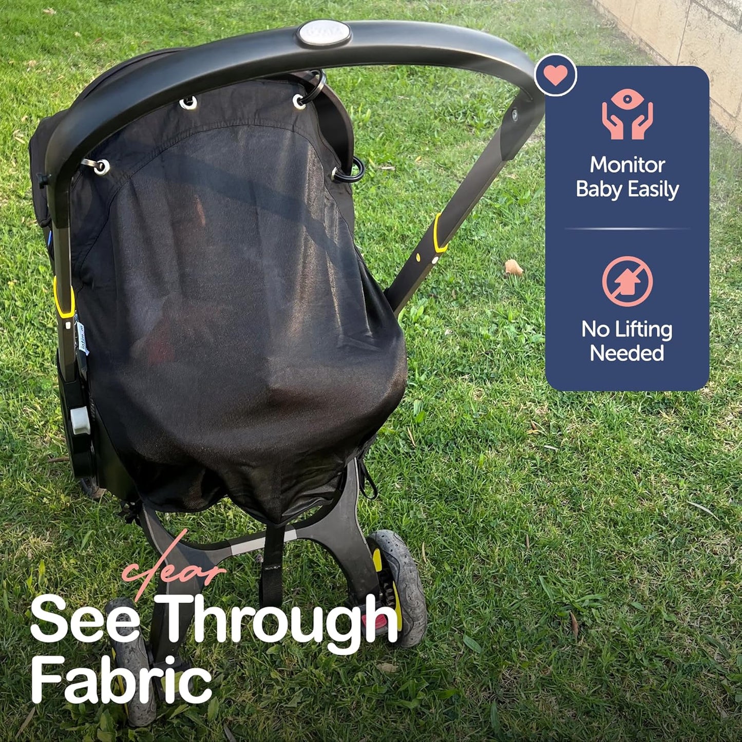 Stroller Sun Shade Extender – Universal Clip-On Baby Stroller Sun Shade Cover, UV Protection, Breathable See-Through Mesh, Adjustable Fit, Large Black