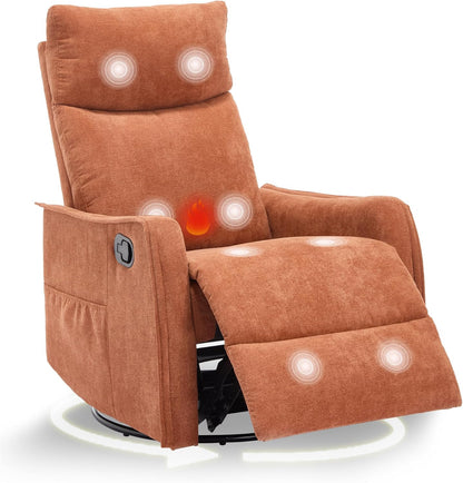 cinkehome Swivel Rocker Recliner, Glider Rocker Recliner Chair for Nursery, Manual Reclining Chair with Heated Massage, Small Spaces, Living Room, Khaki Chenille