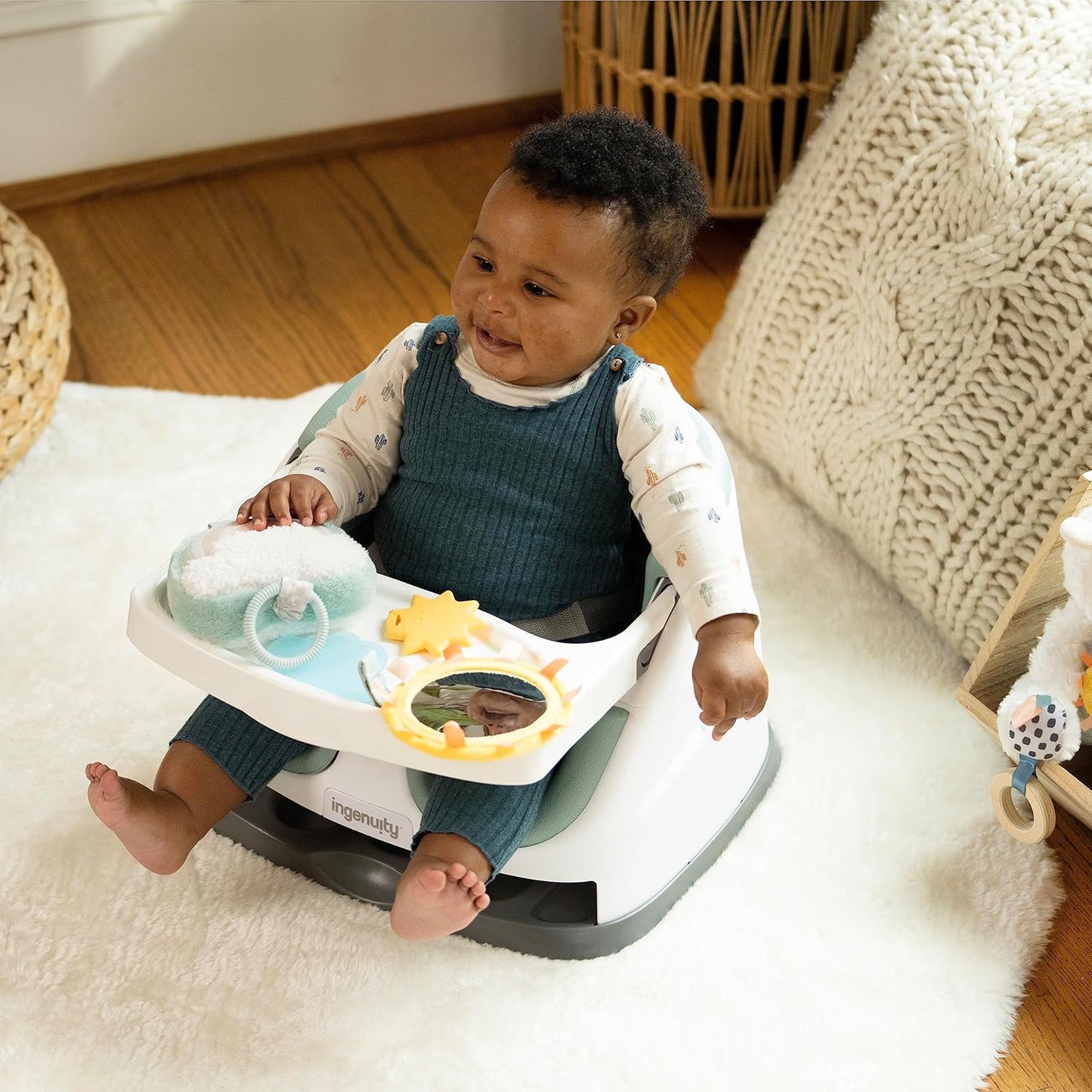 Ingenuity Soothing Essentials Wood Carrier Toy Bar, Montesorri-Inspired, 3 Removable Toys, for Ages 0-12 Months
