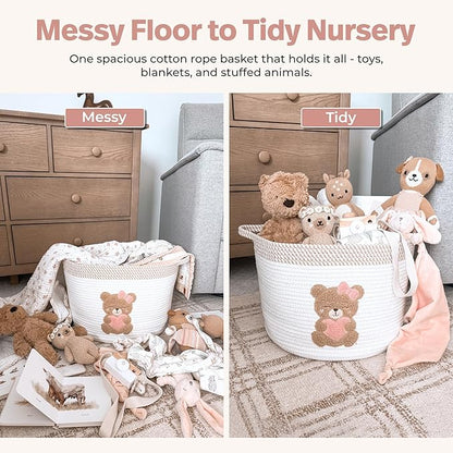 Pink Teddy Bear Storage Basket for Baby Girl Nursery – 15"x11" Cotton Rope Bin with Embroidered Bear Patch – Toy Organizer, Baby Laundry Hamper, Blanket & Diaper Holder – Foldable & Washable