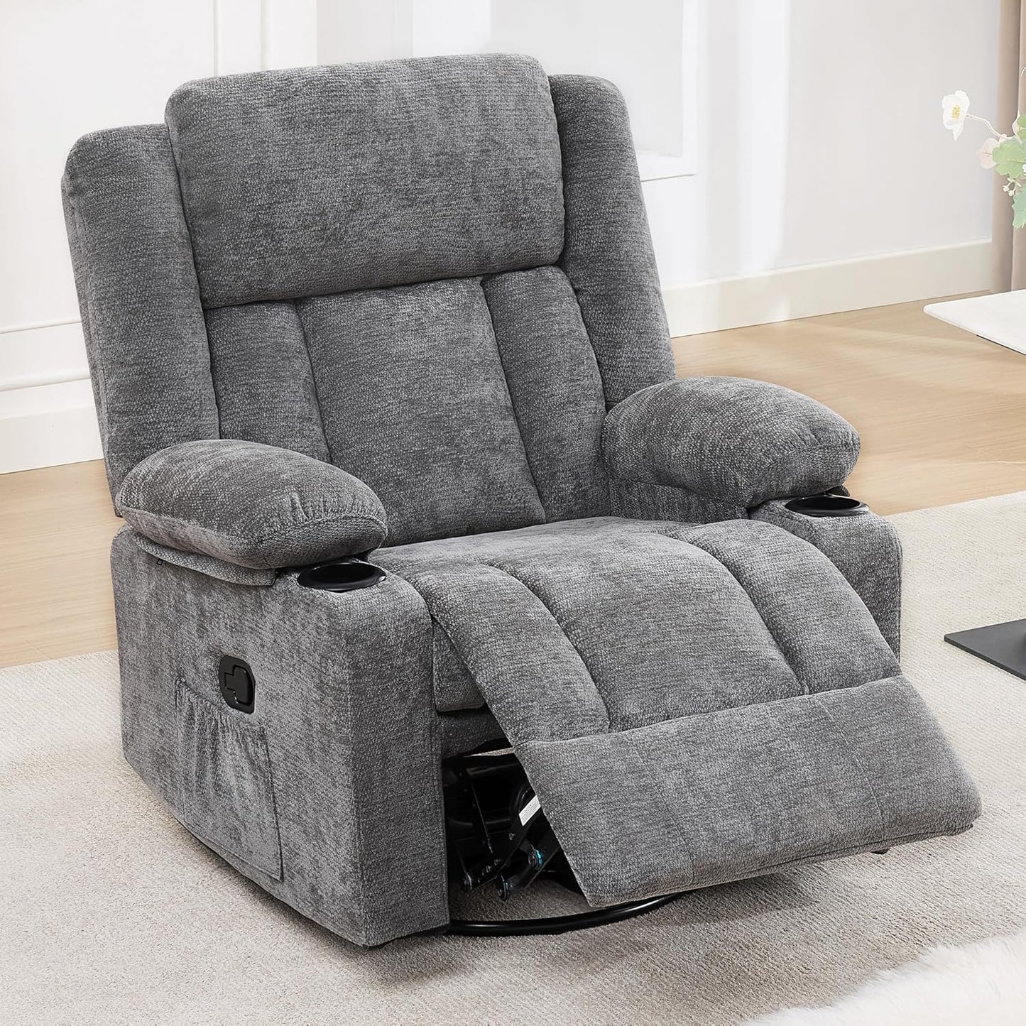 Swivel Rocker Recliner Chair, Lazy Boy Recliner with Cup Holders, 360 Degree Rotating Nursery Rocking Chair, Manual Glider Recliner for Living Room (1, Yellow)