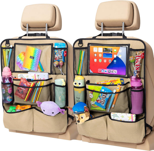 Helteko Backseat Car Organizer, Kick Mats Back Seat Protector with Touch Screen Tablet Holder, Back Seat Organizer for Kids with 9 Storage Pockets, Travel Accessories (2 Pack, Violet)