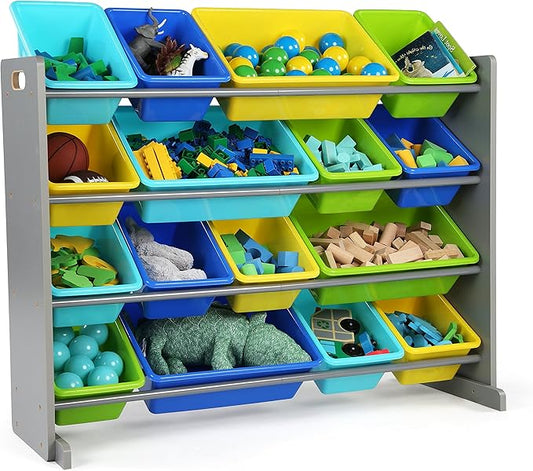 Humble Crew Toy Storage Organizer with 16 Removable Storage Bins for Kids Playroom, 4-Tier Toddler Toy Organization and Storage, Grey/Blue/Green/Yellow