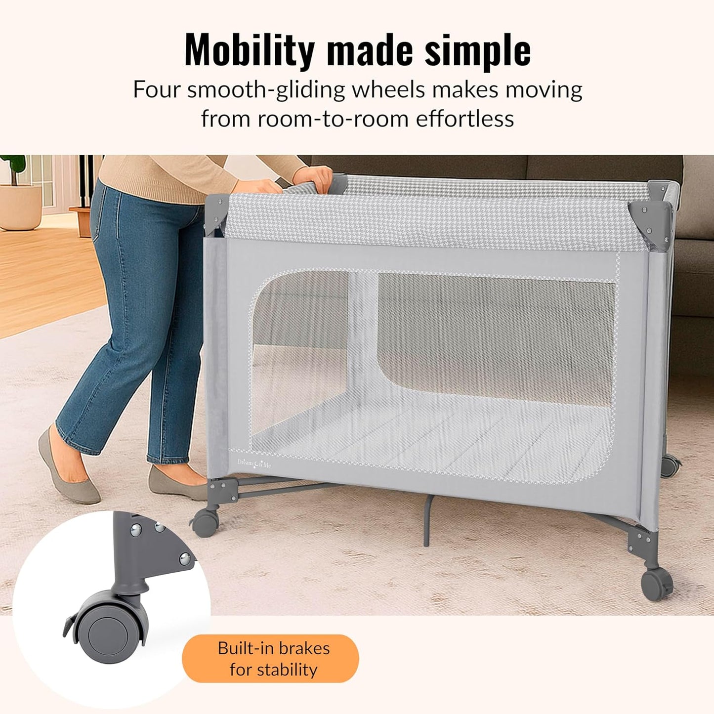 Dream On Me EZGo Portable Playard, Tool-Free Assembly, Easy One-Step Fold, Breathable Mesh Sides, Removable Mattress Pad & Smooth Locking Wheels, Travel Carry Bag Included – Black & White