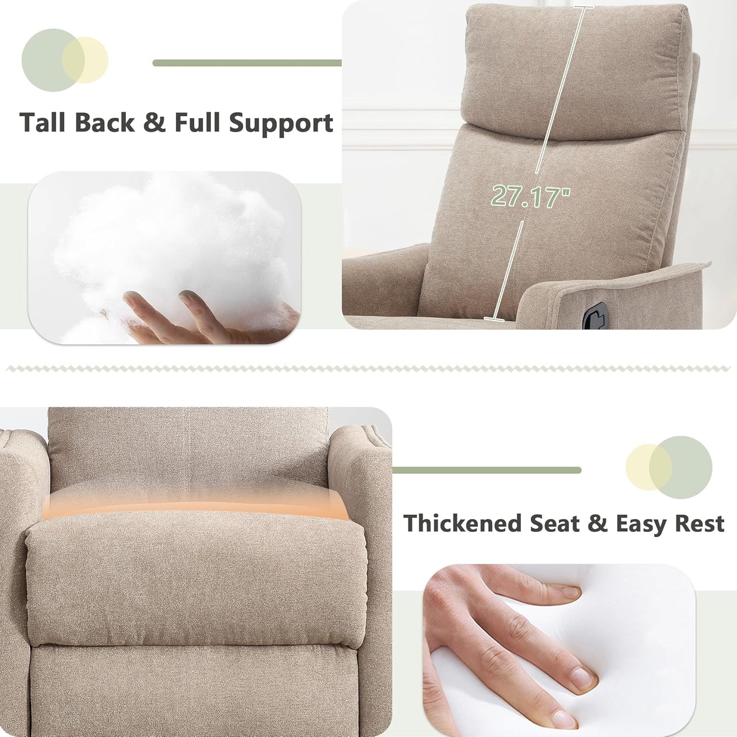 cinkehome Swivel Rocker Recliner, Glider Rocker Recliner Chair for Nursery, Manual Reclining Chair with Heated Massage, Small Spaces, Living Room, Khaki Chenille