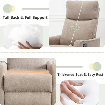 cinkehome Swivel Rocker Recliner, Glider Rocker Recliner Chair for Nursery, Manual Reclining Chair with Heated Massage, Small Spaces, Living Room, Khaki Chenille