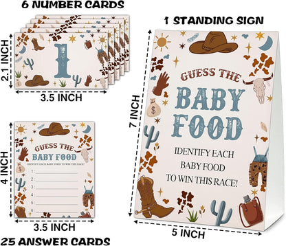 Guess the Baby Food Party Games, Baby Shower Game Set, 1 Standing Sign + 25 Answer Cards + 6 Number Cards, Boho Wild West Gender Reveal Party Decoration Supplies -B05