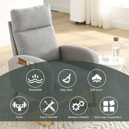 Nursery Rocking Chair with Solid Wood Legs, Glider Chair for Nursery with Two Side Pockets, Rocker Armchair for Living Room Bedroom (Ivory White, Teddy Fabric)