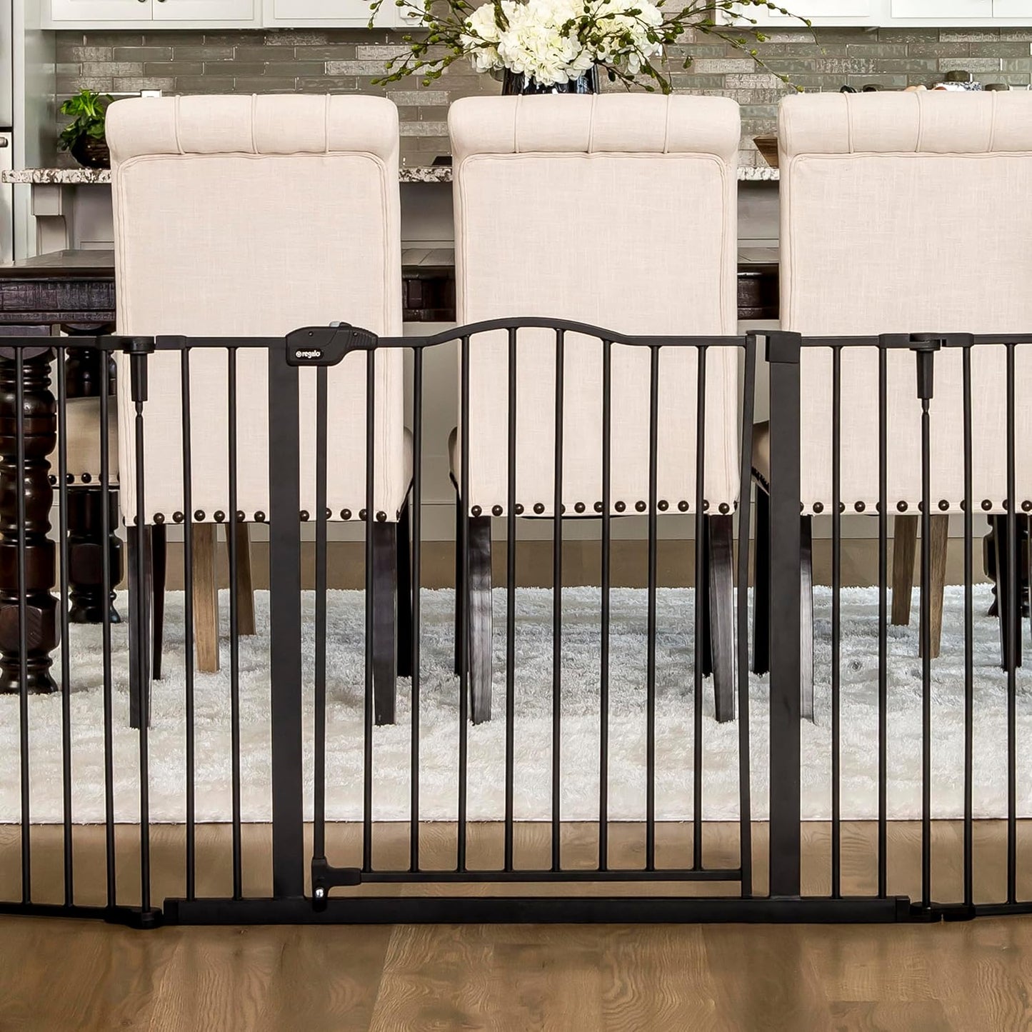 Regalo Safety 192" Super Wide Baby Gate & Play Yard, 2-in-1 Convertible Extra Wide Safety Barrier, Hardware Mounted for Toddlers & Pets, Tested & Safe for 30 Years, American Designed & Owned, White