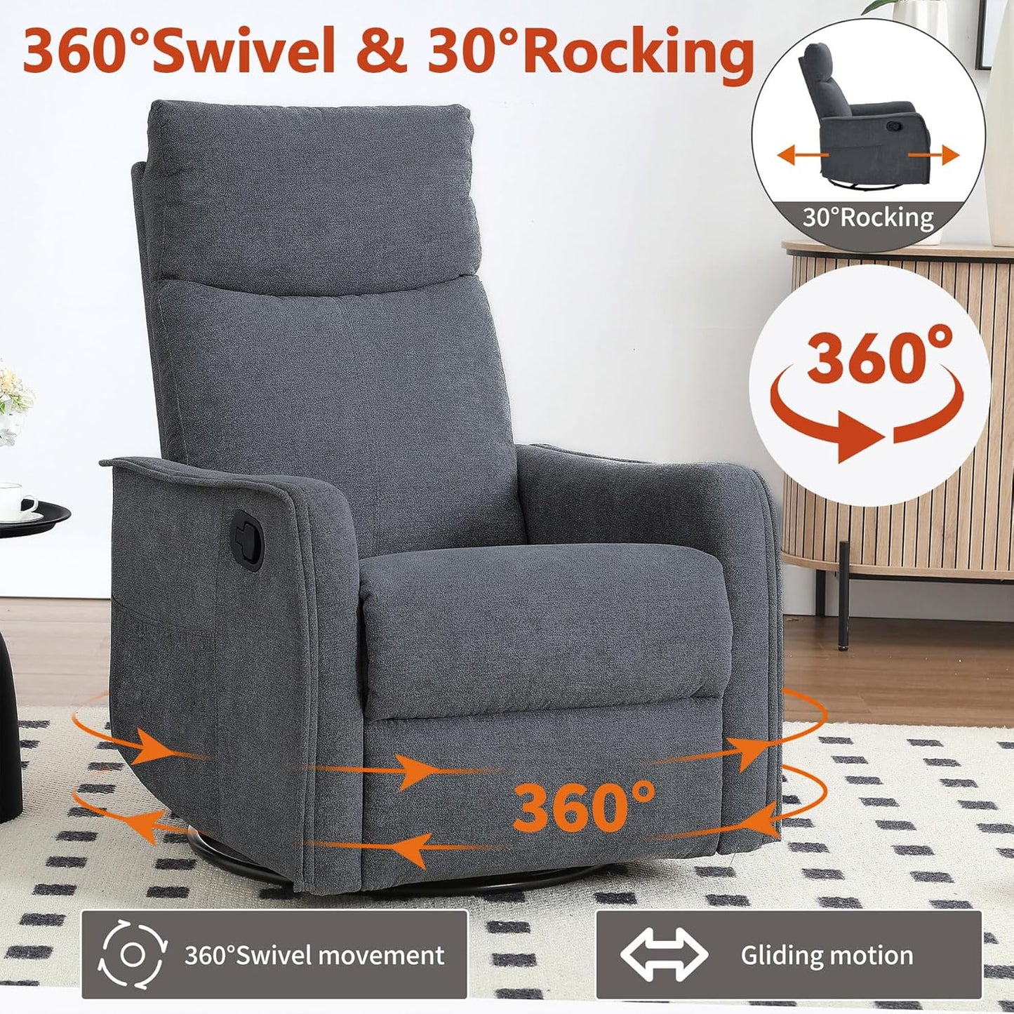 Massage Chair Recliner with Heat, Swivel Rocking Chair Recliner with High Back, Manual Nursery Recliners for Adults,Small Recliner Chair for Small Spaces, Living Room Bedroom, Fabric (Blue Green)