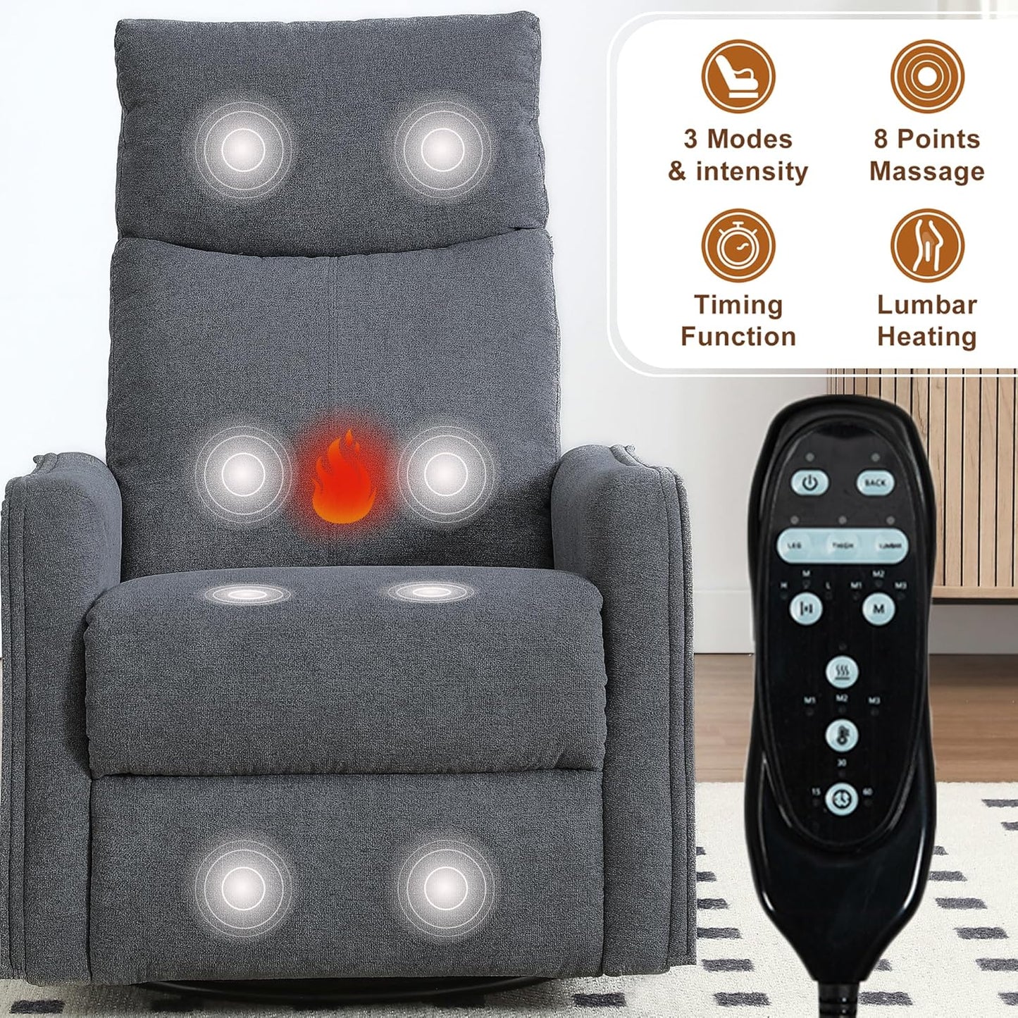 cinkehome Swivel Rocker Recliner, Glider Rocker Recliner Chair for Nursery, Manual Reclining Chair with Heated Massage, Small Spaces, Living Room, Khaki Chenille