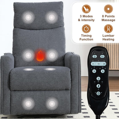 cinkehome Swivel Rocker Recliner, Glider Rocker Recliner Chair for Nursery, Manual Reclining Chair with Heated Massage, Small Spaces, Living Room, Khaki Chenille