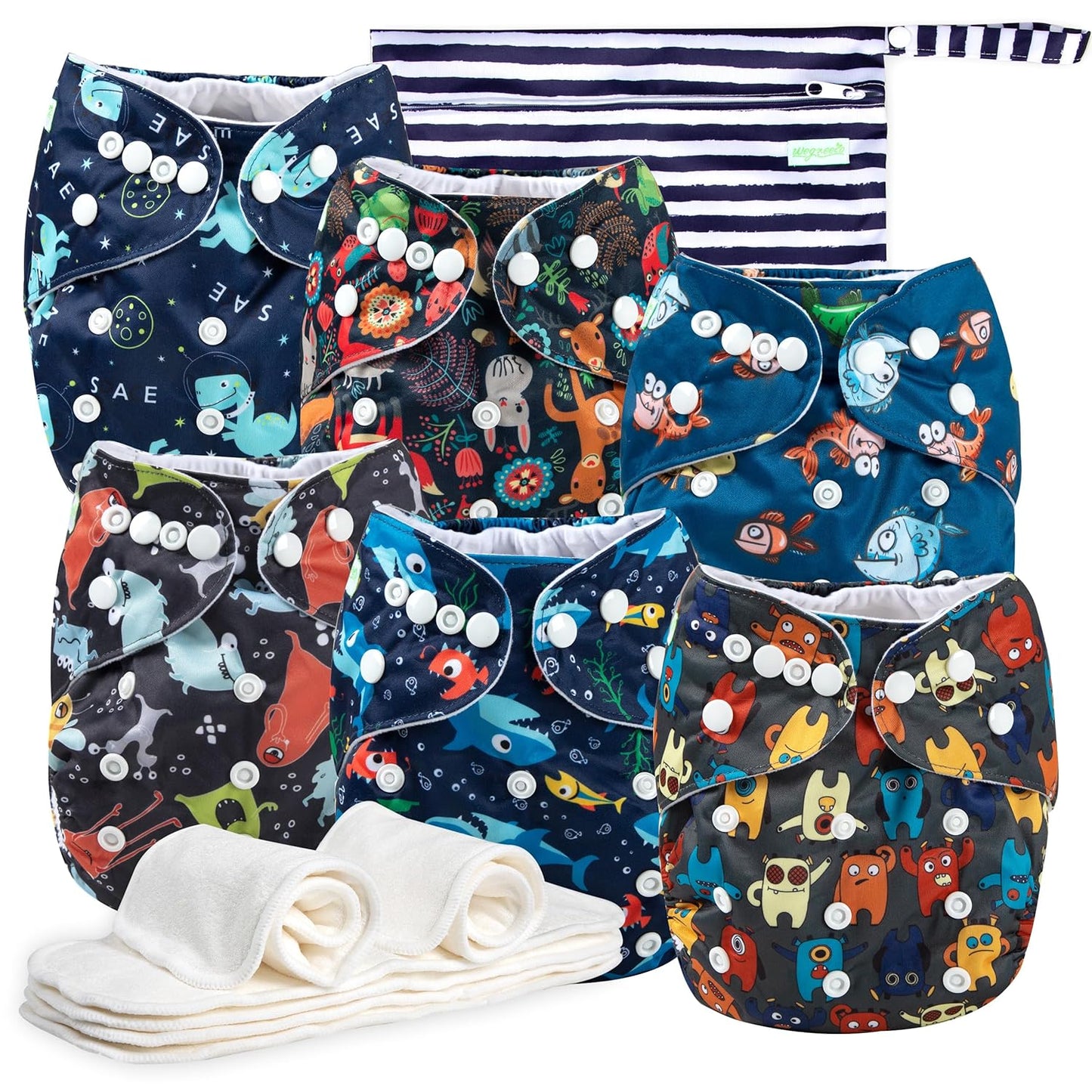 wegreeco Cloth Diapers 6 Pack with 6 Inserts & 1 Wet Bag, Washable Cloth Diapers for Babies, One Size Adjustable Reusable (Flower)