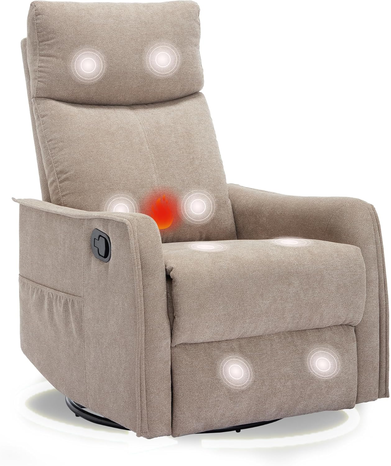 cinkehome Swivel Rocker Recliner, Glider Rocker Recliner Chair for Nursery, Manual Reclining Chair with Heated Massage, Small Spaces, Living Room, Khaki Chenille