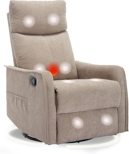 cinkehome Swivel Rocker Recliner, Glider Rocker Recliner Chair for Nursery, Manual Reclining Chair with Heated Massage, Small Spaces, Living Room, Khaki Chenille