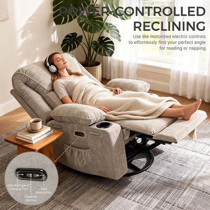 Recliner Chair Power Control, Nursery Reclining & Rocking Chair and Glider, Massage Swivel Living Room Furniture for Small Spaces, Bedroom, RVS, Lounge Sofa Chairs with USB & Type C Ports, Light Gray