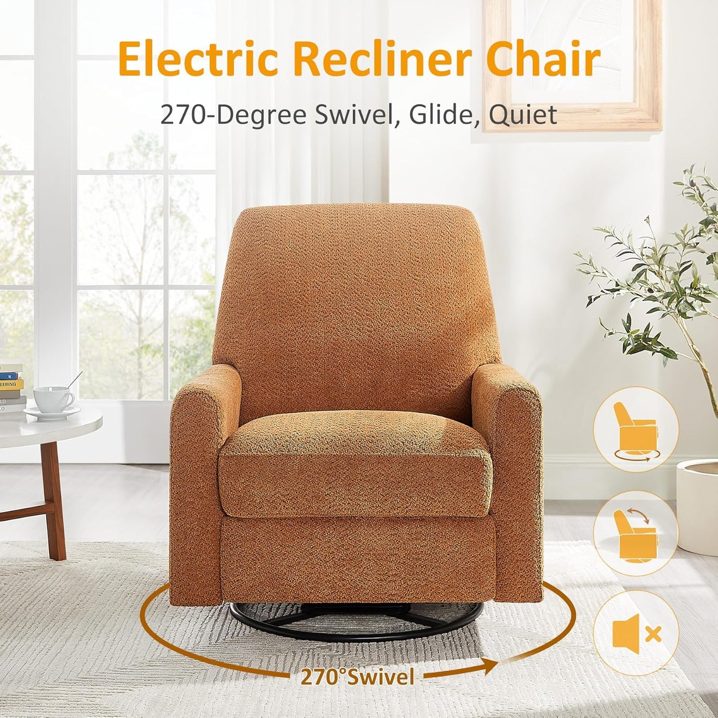 VANOMi Power Swivel Glider Recliner Chair, Electric Nursery Rocker Recliner Chair, USB & Type-C Charger, Boucle White