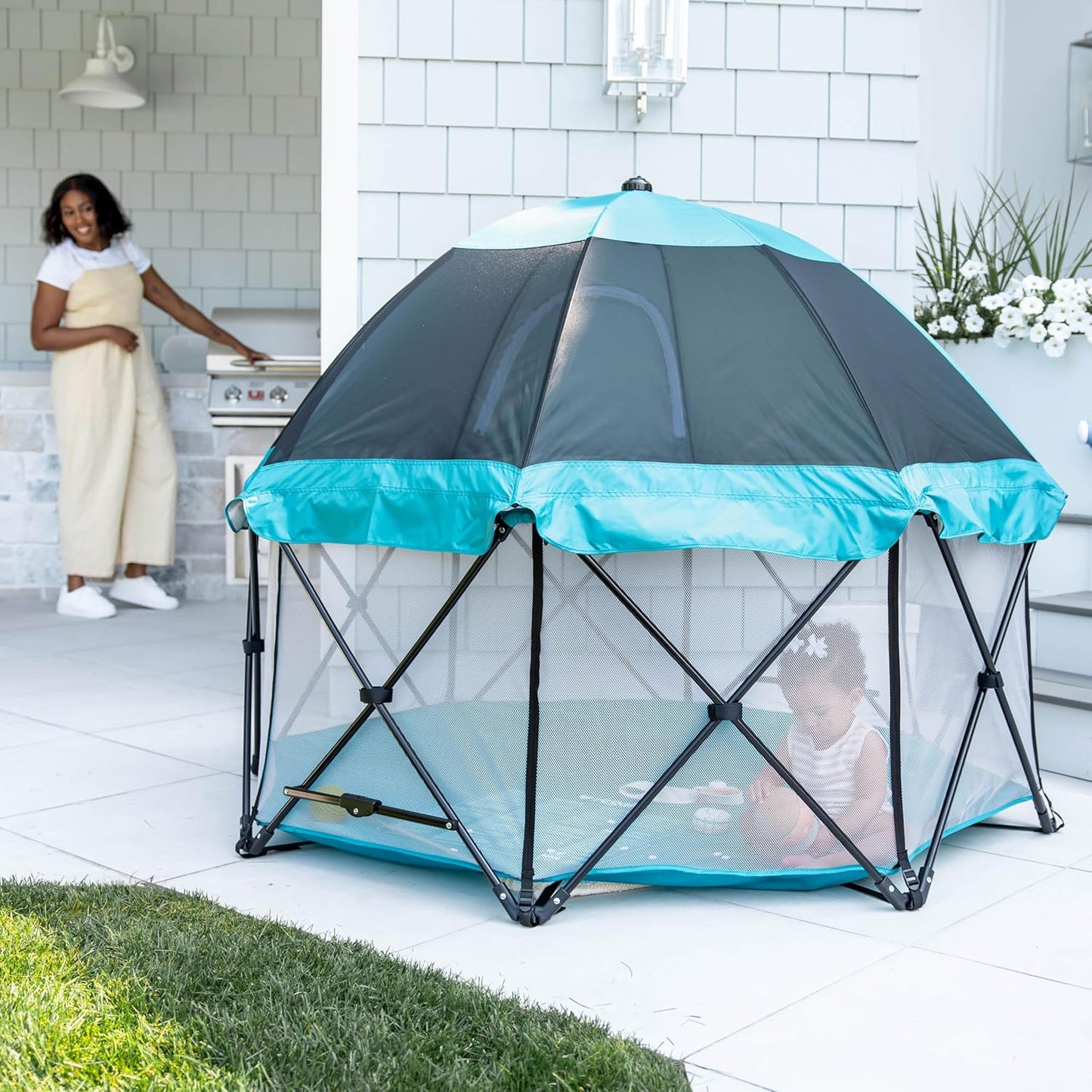 Regalo Safety My Play Deluxe Baby Playpen & Portable Play Yard with Canopy, Foldable 6-Panel Indoor Outdoor Playpen for Babies & Toddlers, Mesh Sides, Washable Nylon Bottom, 48", Aqua/Black