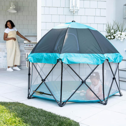 Regalo Safety My Play Deluxe Baby Playpen & Portable Play Yard with Canopy, Foldable 6-Panel Indoor Outdoor Playpen for Babies & Toddlers, Mesh Sides, Washable Nylon Bottom, 48", Aqua/Black
