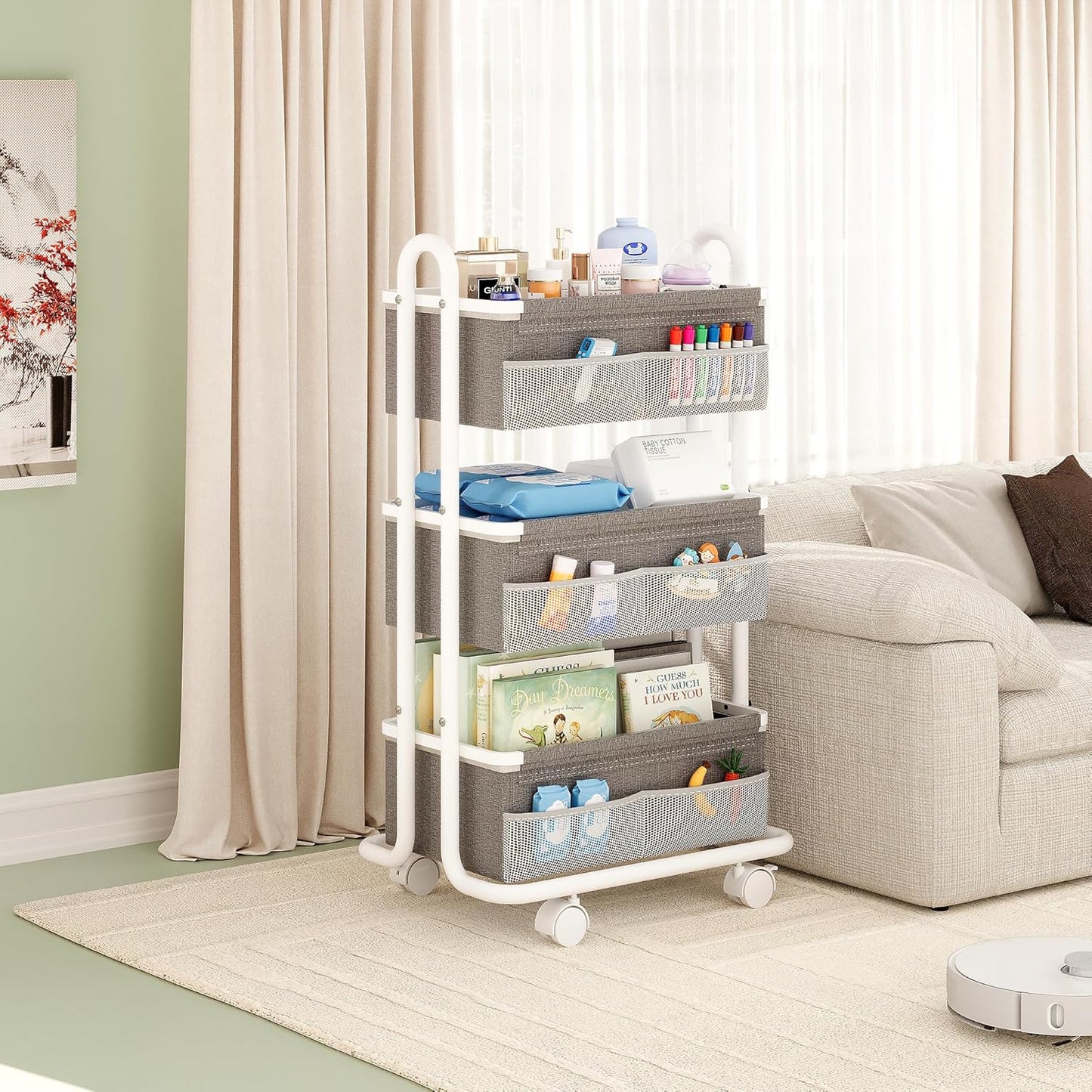 3-Tier Baby Diaper Caddy Organizer Cart, Mobile Nursery Storage Carts with Wheels, 3 Dividers & 6 Mesh Pockets Durable Metal Utility Cart for Nursery, Bedroom, Bathroom, Baby Essentials Organization