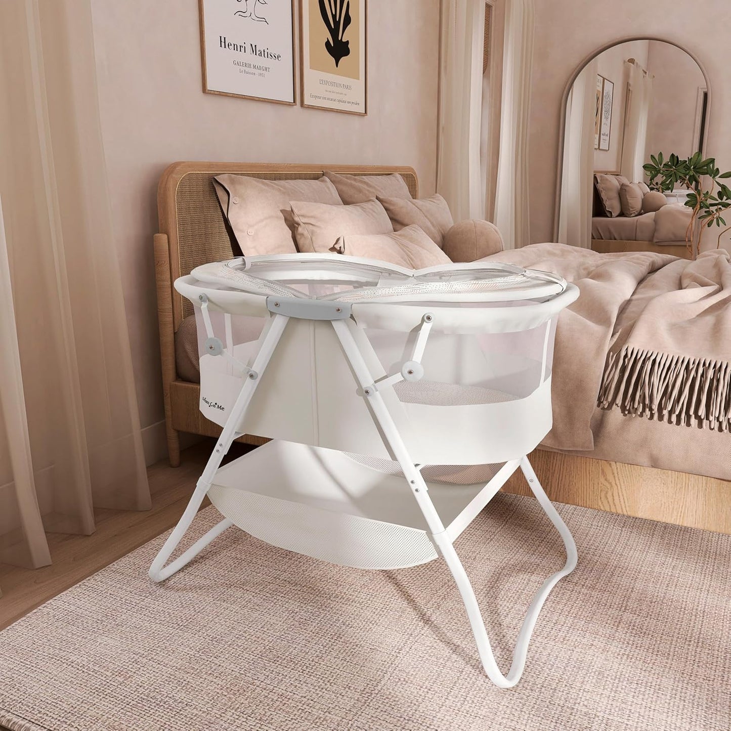 Dream On Me Karley Bassinet, Award Winner Lightweight Travel Baby Bassinet, Foldable Bedside Sleeper, Adjustable Double Canopy, Spacious Design, Soft Fabric, Storage Basket – Blue and Grey