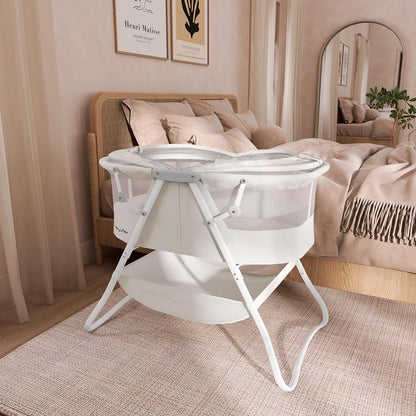Dream On Me Karley Bassinet, Award Winner Lightweight Travel Baby Bassinet, Foldable Bedside Sleeper, Adjustable Double Canopy, Spacious Design, Soft Fabric, Storage Basket – Blue and Grey