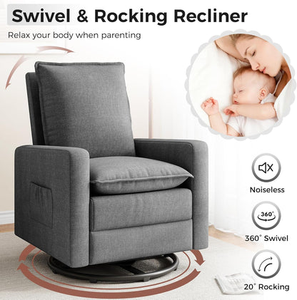 Amopatio Swivel Glider Recliner for Indoor, Nursery Rocker Chair Upholstered Single Sofa with Side Pockets and Footrest for Living Room Bedroom