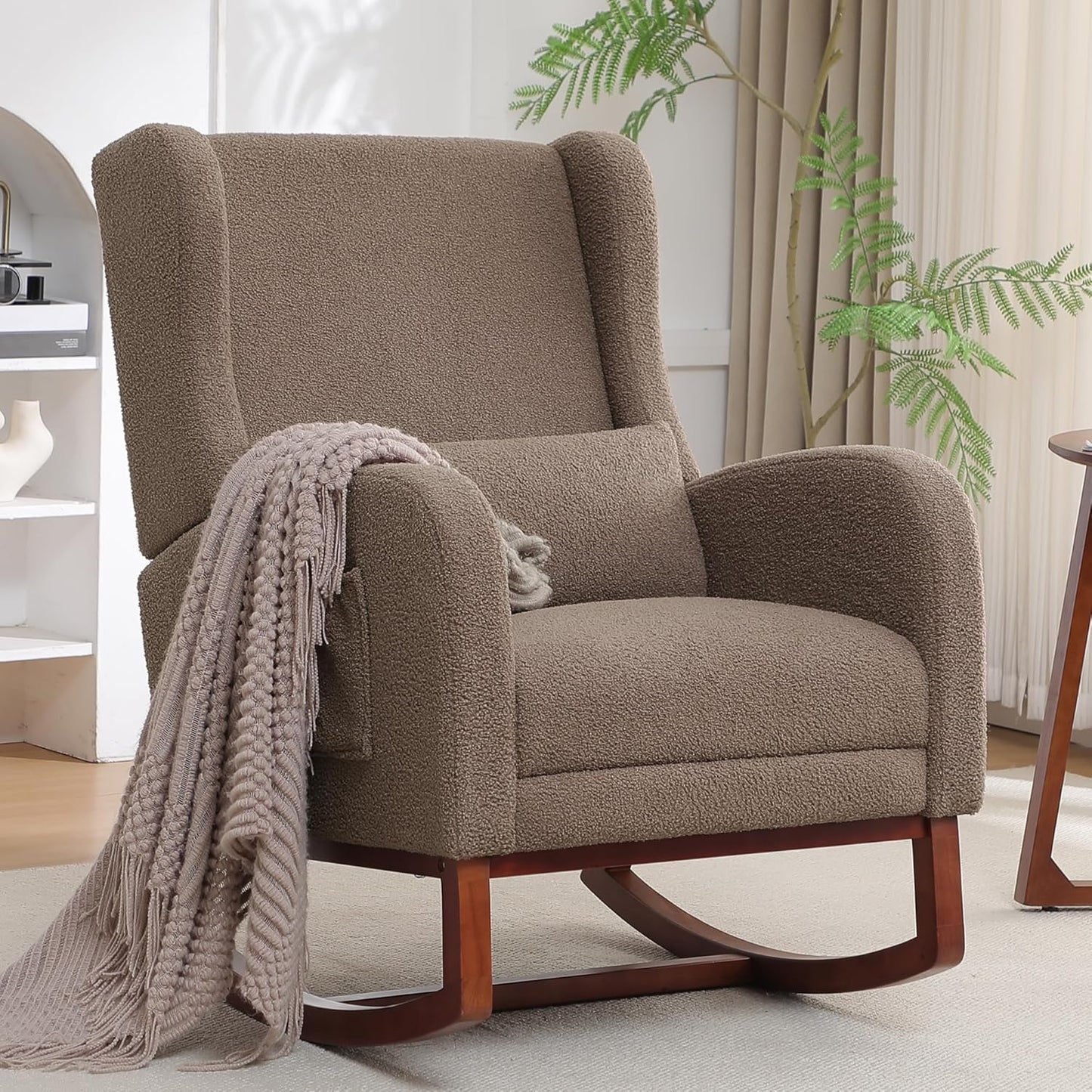 HCHAIRH Rocking Chair Nursery, Nursery Rocking Chairs with Foot Rest, Comfy Fabric Glider Rocker Nursing Chair with High Back for Nursing, Living Room, Bedroom, Beige
