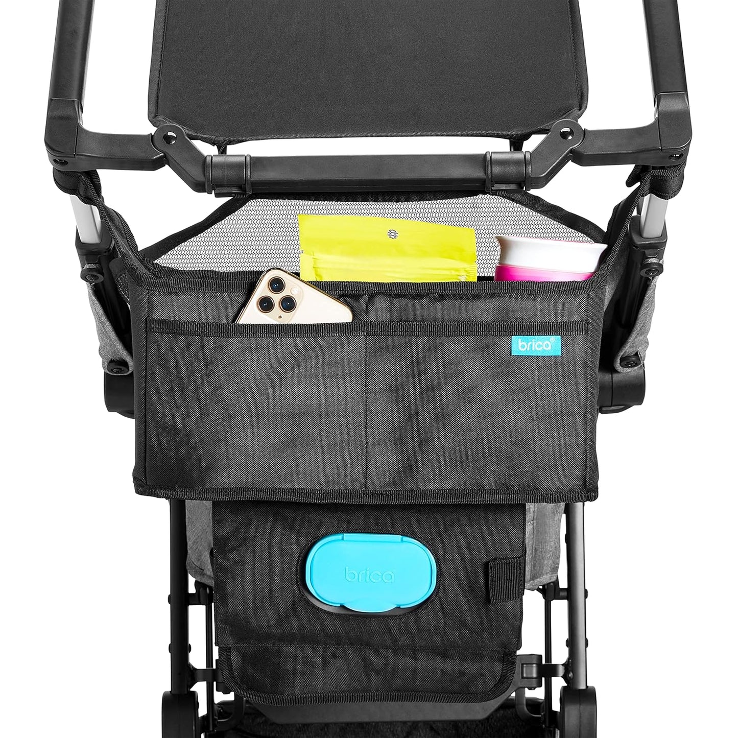 Munchkin Stroller Organizer with Cup Holders and Wet Wipes Case - Travel Storage Bag for Baby and Mom Essentials, Universal Fit, Fits UPPAbaby, Evenflo, BabyTrend and more, Black