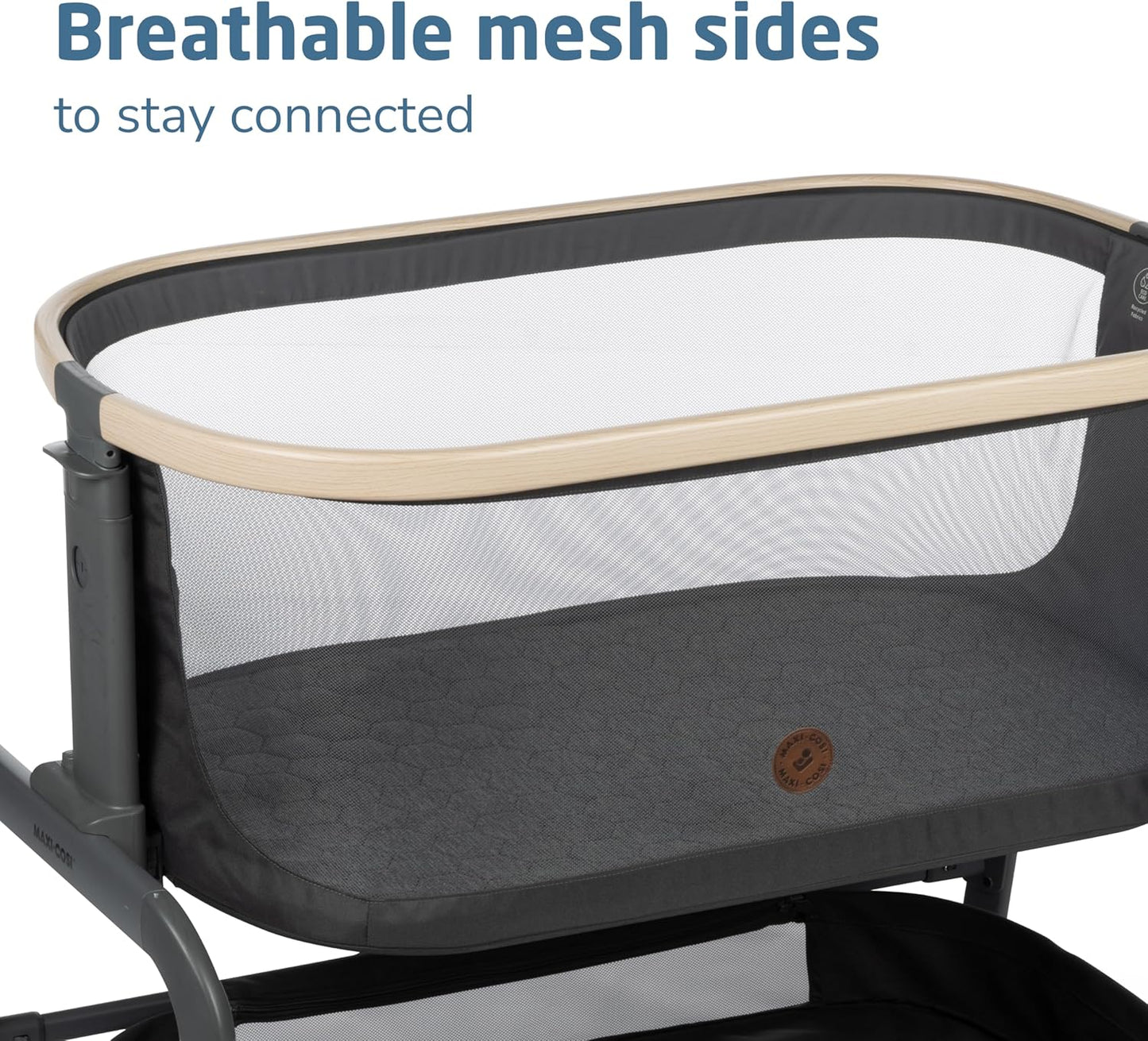 Maxi-Cosi Iora Baby Bassinets Bedside Sleeper, Portable Bassinet, Infant Bedside Sleeper Crib, Height Adjustable, Breathable Mesh, Large Storage Basket, Truffle