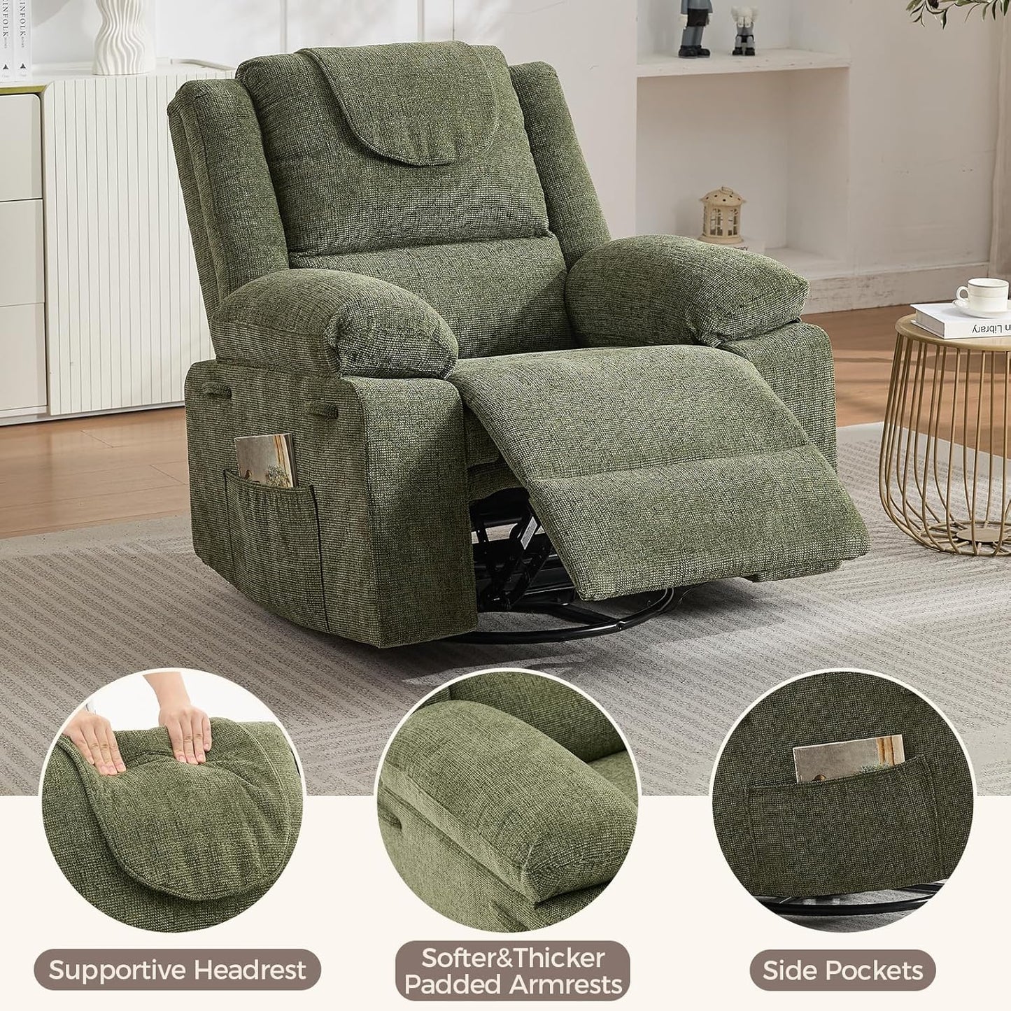 Adults Oversized Rocking Nursery Glider Recliner Chair,360° Swivel Rock Recliner Chairs Single Sofa with Vibration Massage and Heating for Living Room/Bedroom,Blue