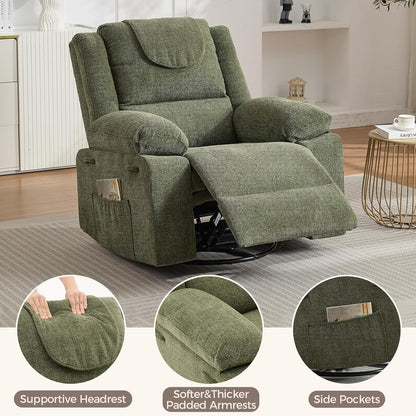 Adults Oversized Rocking Nursery Glider Recliner Chair,360° Swivel Rock Recliner Chairs Single Sofa with Vibration Massage and Heating for Living Room/Bedroom,Blue