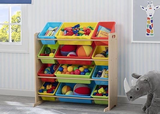 Delta Children Kids Toy Storage Organizer with 12 Plastic Bins - Greenguard Gold Certified, Natural/Primary